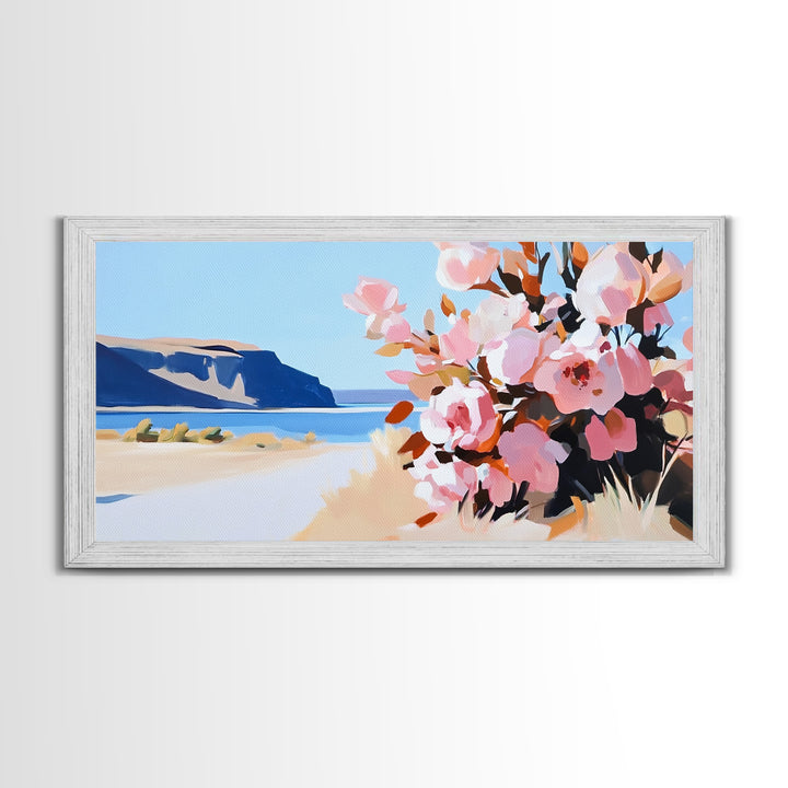 Coastal Flowers, Blue Ocean, Beach Aesthetic, Vibrant Nature Art, Boho Wall Decor, Bedroom Art, Pink Floral Scene, Canvas Print