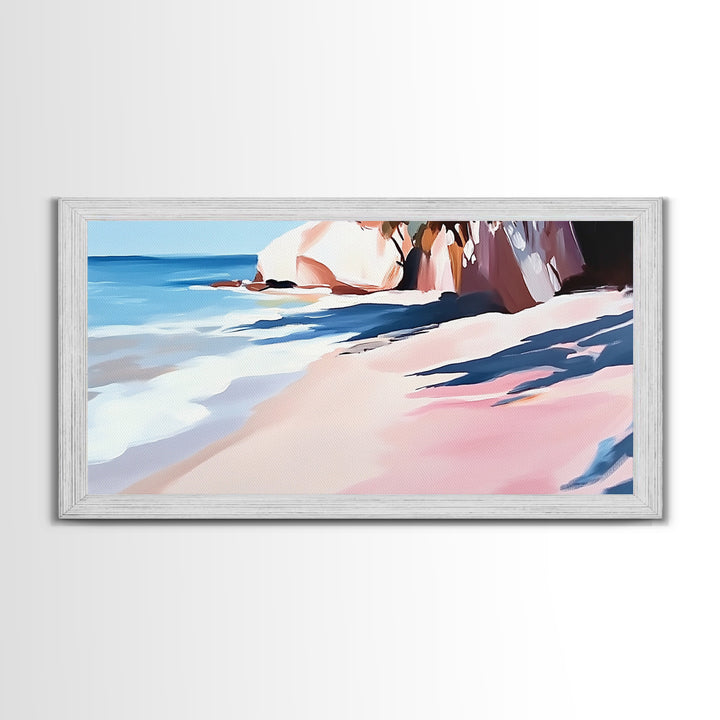 Ocean Shoreline, Rocky Beach, Blue Waves, Canvas Print, Modern Coastal Art, Beach House Decor, Living Room Wall Art, Minimalist Seascape