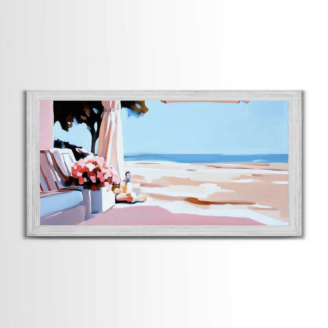 Beachside Terrace, Relaxing View, Oceanfront Art, Canvas Print, Coastal Home Decor, Nautical Painting, Living Room Wall Art, Blue Art