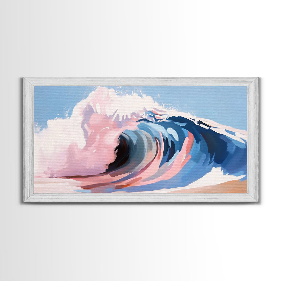 Ocean Wave, Abstract Seascape, Beach Aesthetic, Coastal Home, Canvas Print, Modern Beach House Wall Art, Blue and Pink Waves, Surf Art