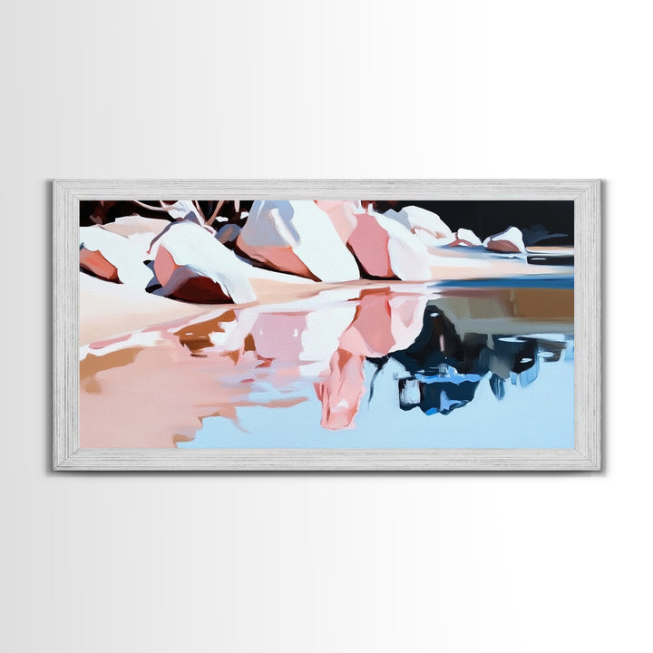 Beach Reflection, Coastal Landscape, Modern Seascape, Minimalist Decor, Framed Canvas Print, Ocean Tranquility, Relaxing Aesthetic