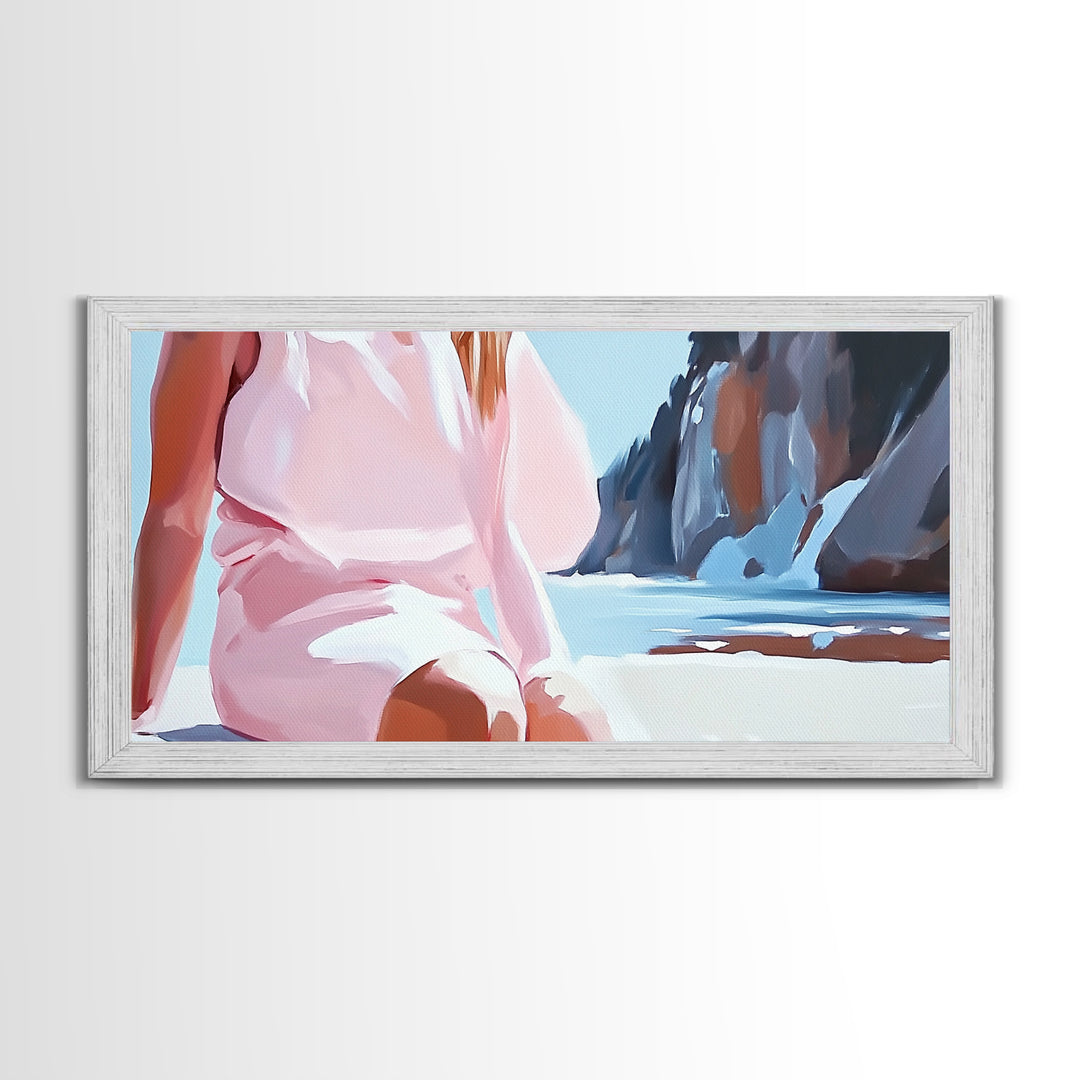 Beach Woman, Summer Aesthetic, Ocean Fashion, Boho Wall Art, Framed Canvas Print, Coastal Beauty, Modern Beach House Decor, Minimalist Artwork