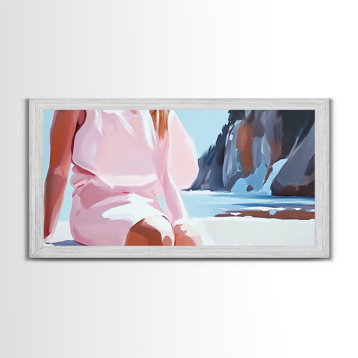 Beach Woman, Summer Aesthetic, Ocean Fashion, Boho Wall Art, Framed Canvas Print, Coastal Beauty, Modern Beach House Decor, Minimalist Artwork