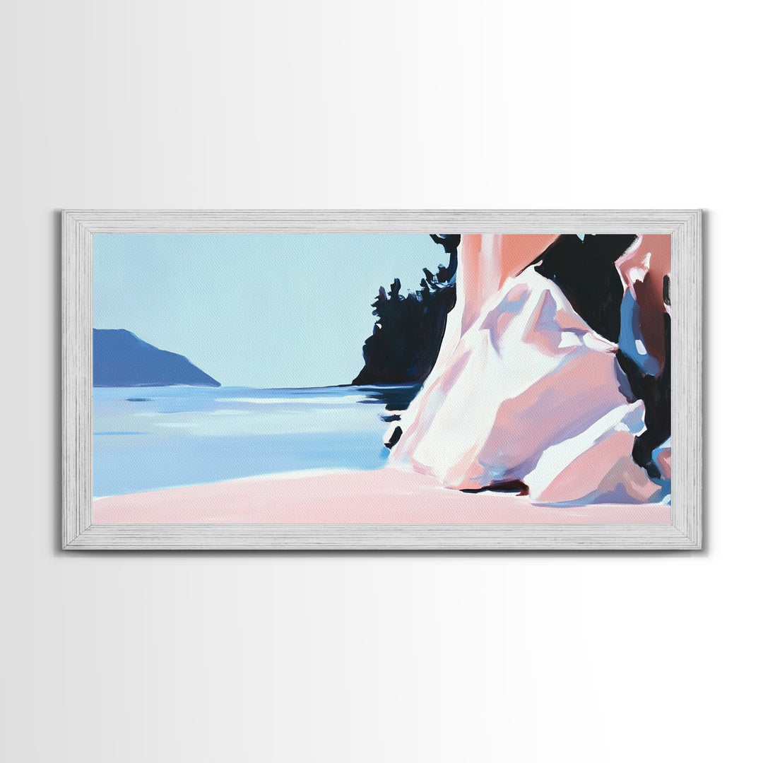 Cliffside View, Tranquil Waters, Framed Canvas Print, Coastal Wall Art, Minimalist Landscape, Serene Home Decor, Blue and Blush Tones