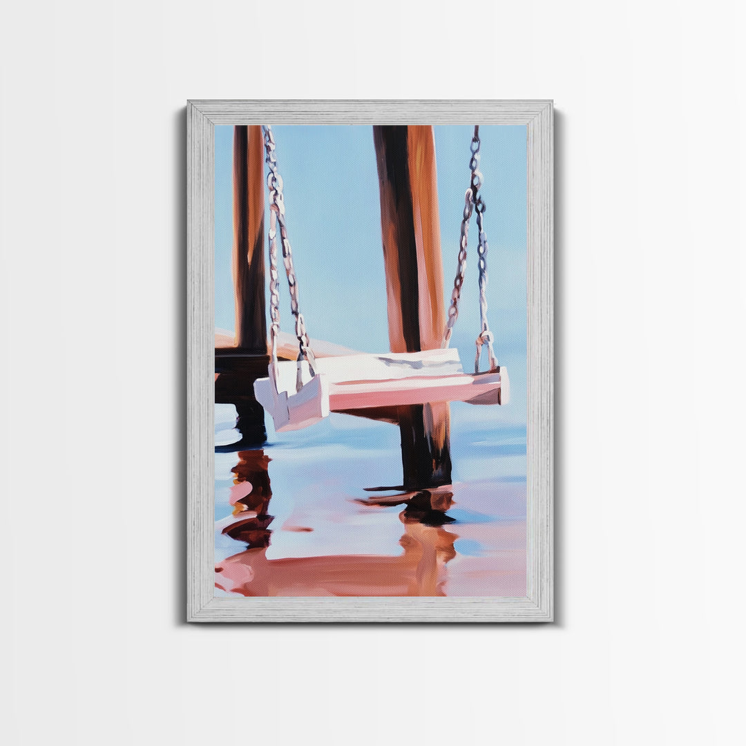 Dock Swing, Reflection Art, Nautical Decor, Relaxing Beach Scene, Minimalist Water Art, Canvas Print, Coastal Wall Art, Rustic Charm