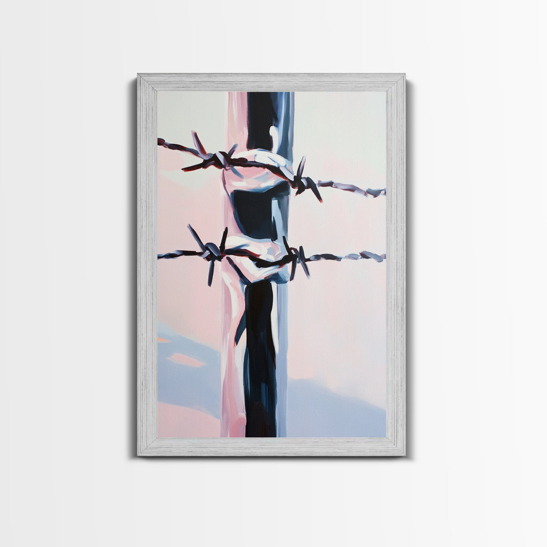 Barbed Wire, Western Art, Minimalist Ranch Style, Rustic Fence, Framed Canvas Print, Modern Wall Art, Cowboy Aesthetic, Bold Home Decor