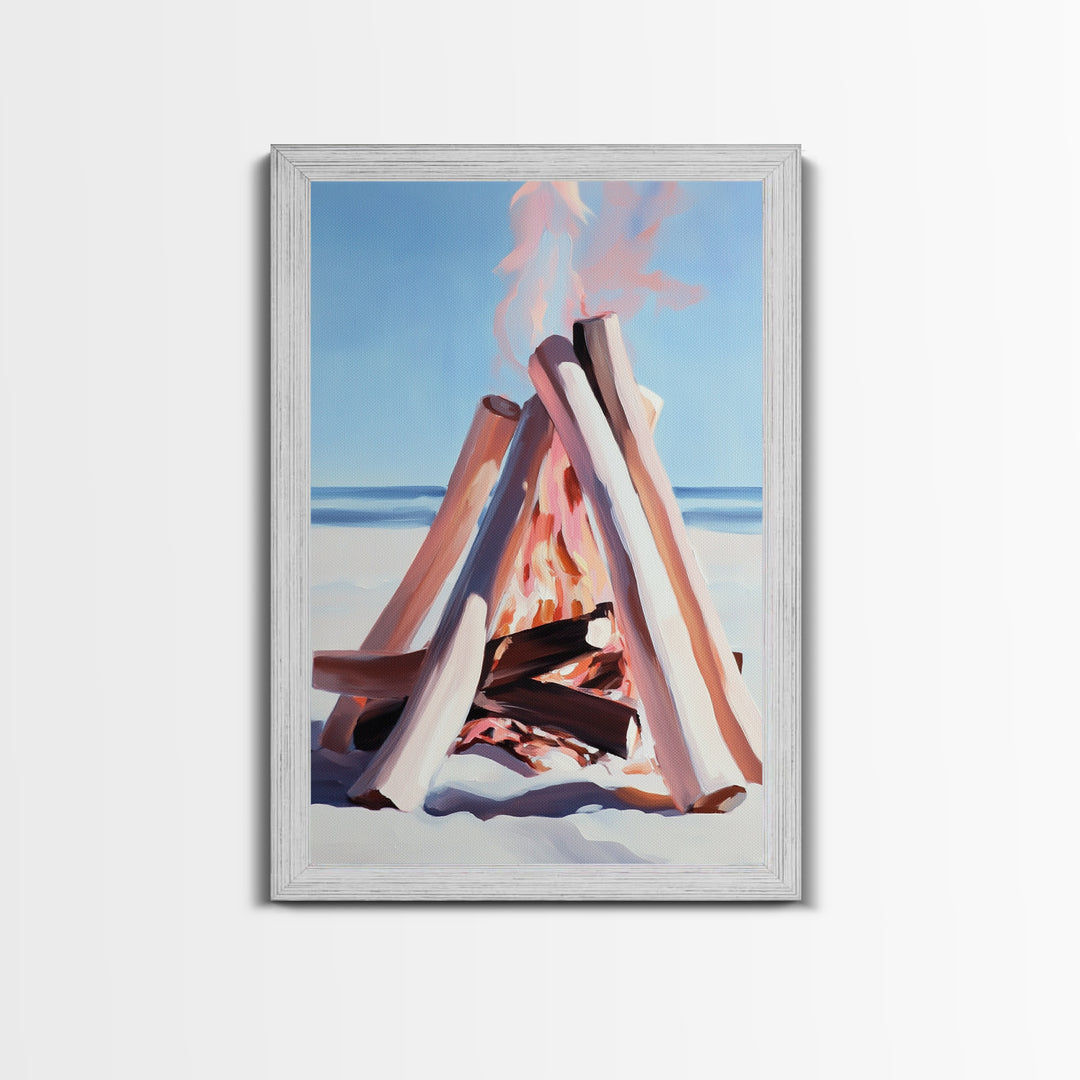 Beach Bonfire, Coastal Art, Ocean Sunset, Warm Minimalist, Canvas Print, Coastal Home Decor, Relaxing Wall Art, Boho Aesthetic