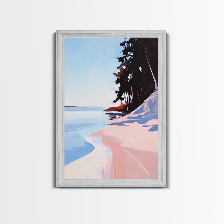 Secluded Beach, Coastal Pines, Ocean Sunset Art, Nature Wall Decor, Framed Canvas Print, Minimalist Seascape, Living Room Art, Boho Print