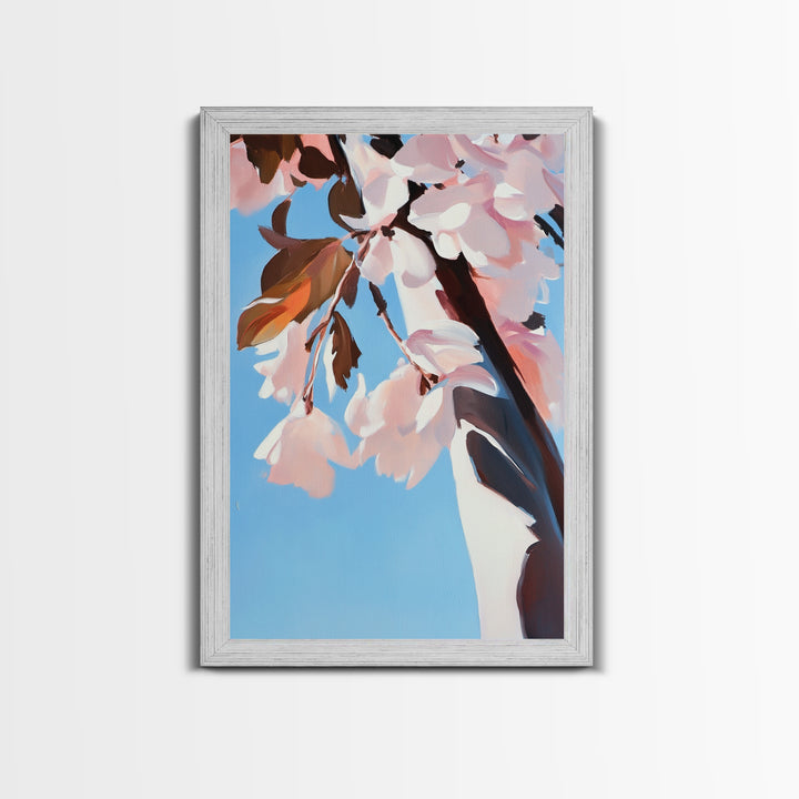 Cherry Blossom, Blue Sky, Framed Canvas Print, Spring Wall Art, Floral Painting, Pastel Decor, Nature Artwork, Bedroom Aesthetic