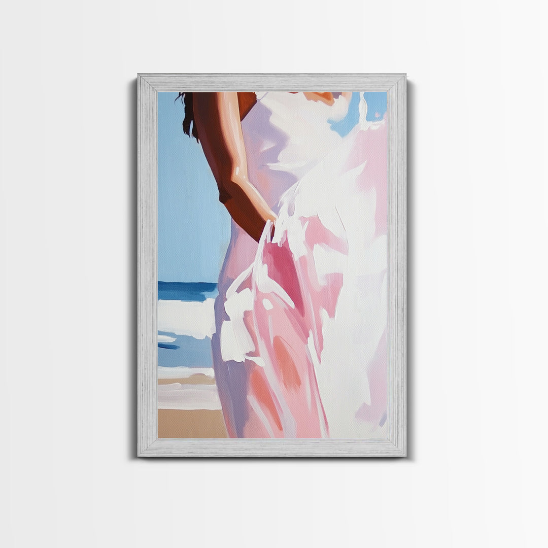 Beach, Dress, Breeze, Feminine, Canvas Print, Minimalist Art, Soft Pastel Art, Bedroom Wall Art, Aesthetic Home Decor, Coastal Wall Hanging