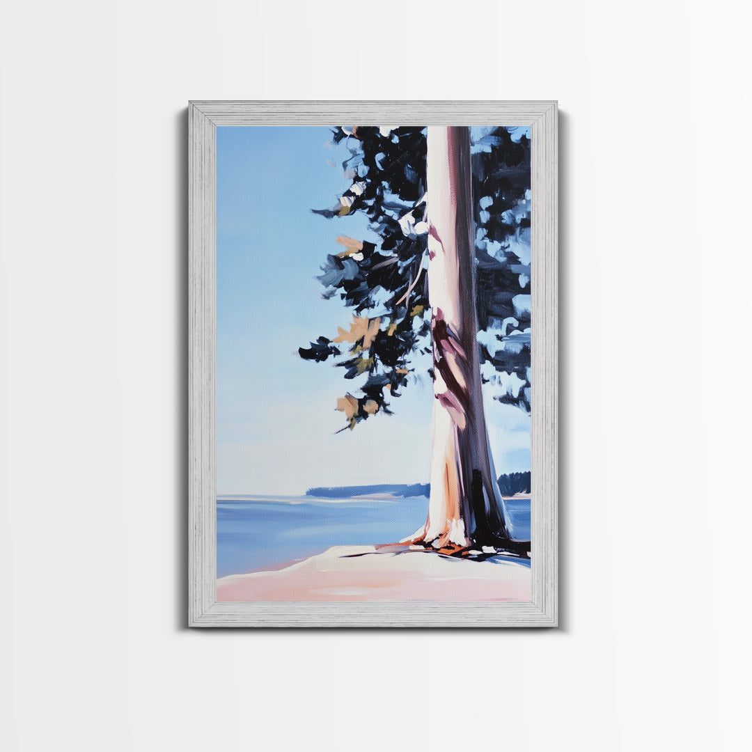 Coastal Tree, Lakeside Art, Tranquil Scene, Framed Canvas Print, Serene Nature Art, Minimalist Landscape, Living Room Wall Art