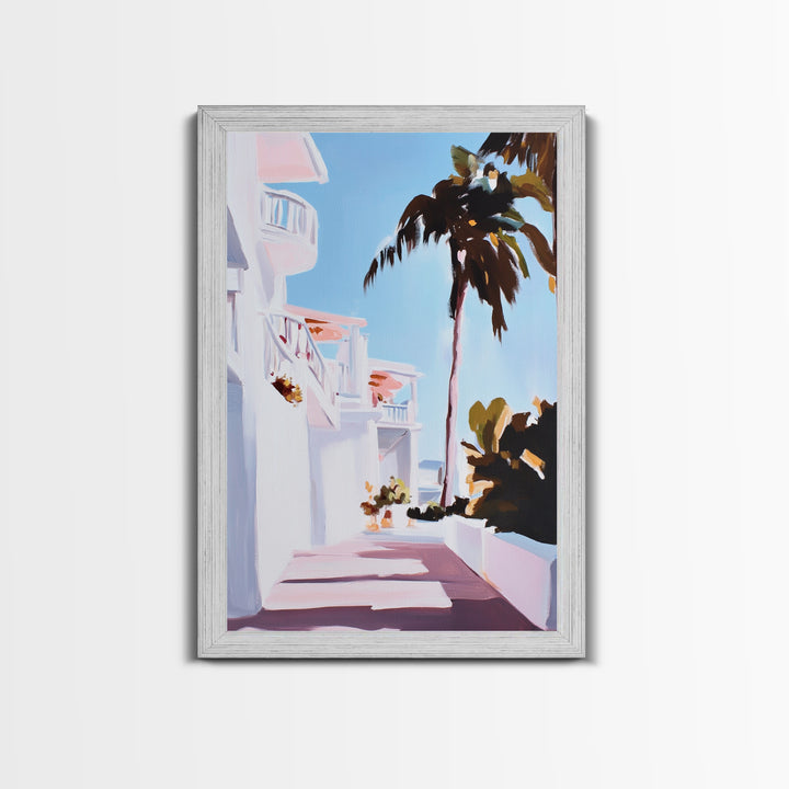 Tropical Balcony View, Palm Tree Painting, Coastal Boho Art, Framed Canvas Print, Mediterranean Aesthetic, Living Room Wall Art, Beach House Decor
