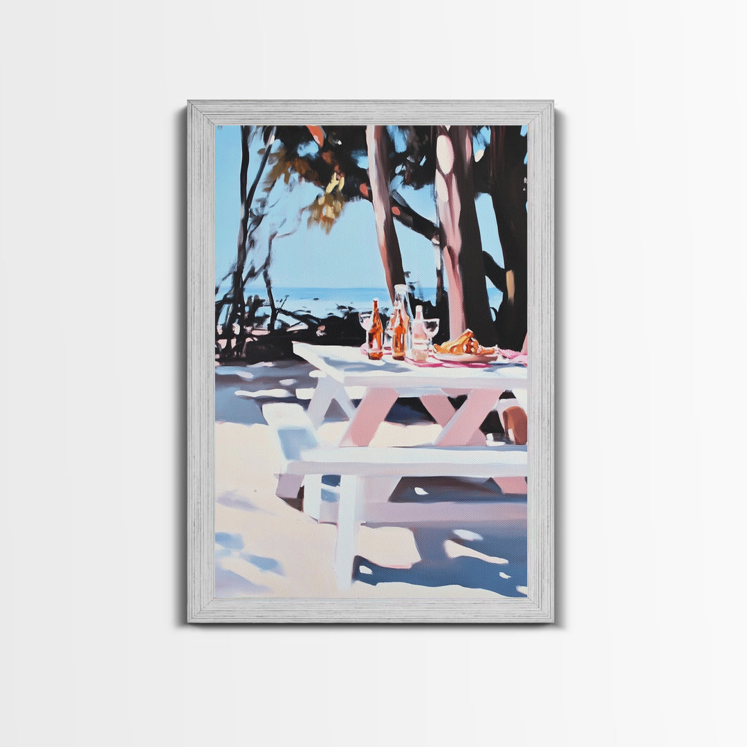 Picnic Wine, Beach Art, Coastal, Relaxing, Dining, Summer, Ocean, Boho, Aesthetic, Outdoor Living, Pastel, Canvas Print