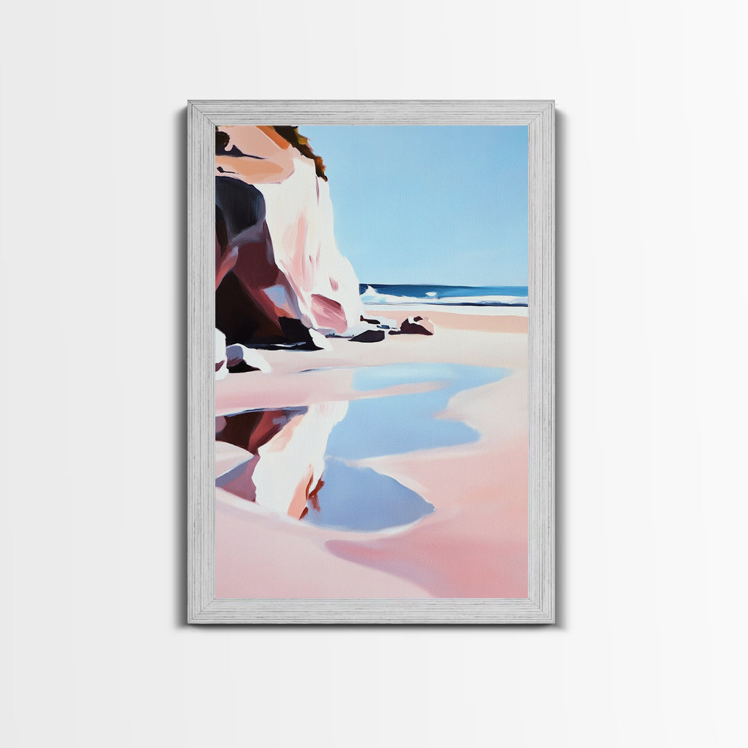 Cliffside Beach, Coastal Retreat, Relaxing Seascape, Ocean View, Soft Pastels, Tranquil Art, Summer Vibes, Framed Canvas Print