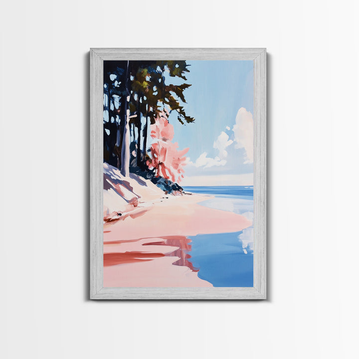 Pine Trees, Coastal Forest, Nature Escape, Lake View, Rustic Art, Peaceful Landscape, Blue and Green, Framed Canvas Print, Cabin Decor