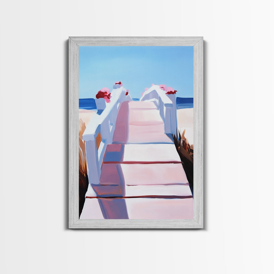Boardwalk, Beach Print, Coastal Wall Art, Framed Canvas Print, Nautical Aesthetic, Minimalist Ocean Scene, Relaxing Artwork