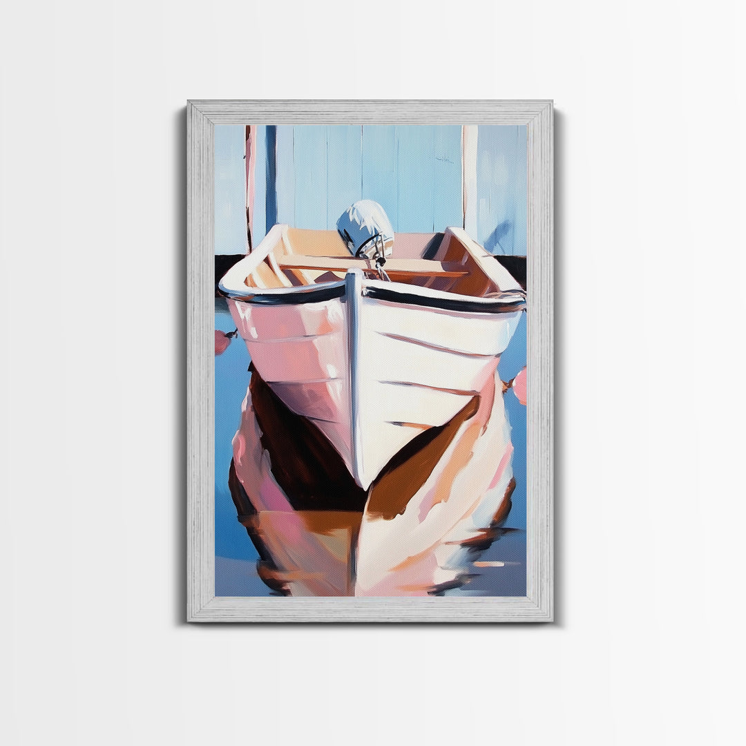 Rustic Boat, Nautical Wall Art, Coastal Home Decor, Seaside Aesthetic, Soft Pastels, Framed Canvas Print, Living Room