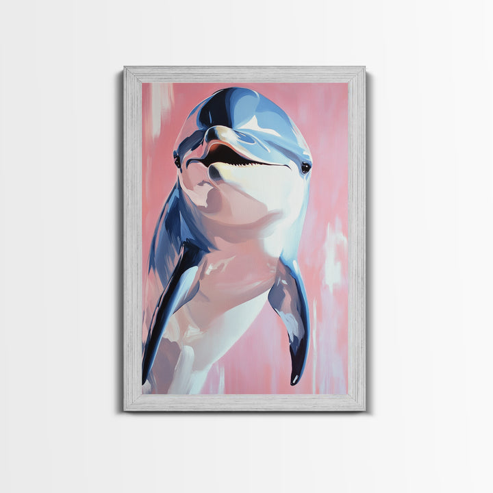 Dolphin Portrait, Ocean Animal Art, Beach House Wall Decor, Coastal Aesthetic, Nautical Art Print, Framed Canvas Print, Pastel Home Decor