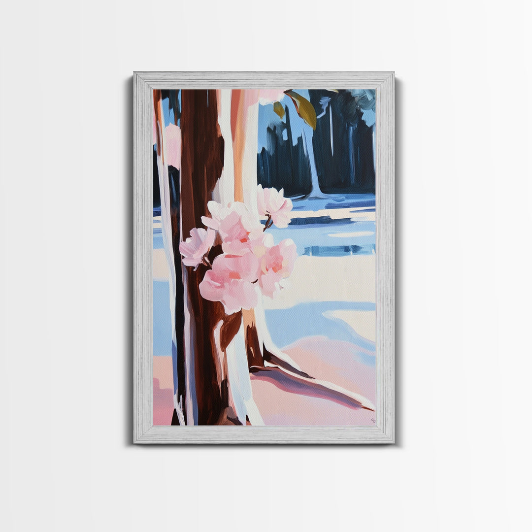 Cherry Blossoms, Winter Trees, Modern Nature Art, Seasonal Wall Art, Framed Canvas Print, Botanical Home Decor, Living Room Artwork