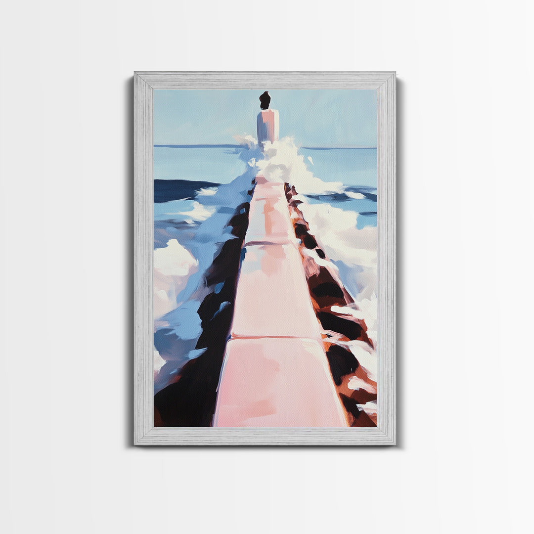 Ocean Walkway, Coastal Landscape, Serene Beach Wall Art, Relaxing Seascape Painting, Framed Canvas Print, Modern Minimalist Wall Art