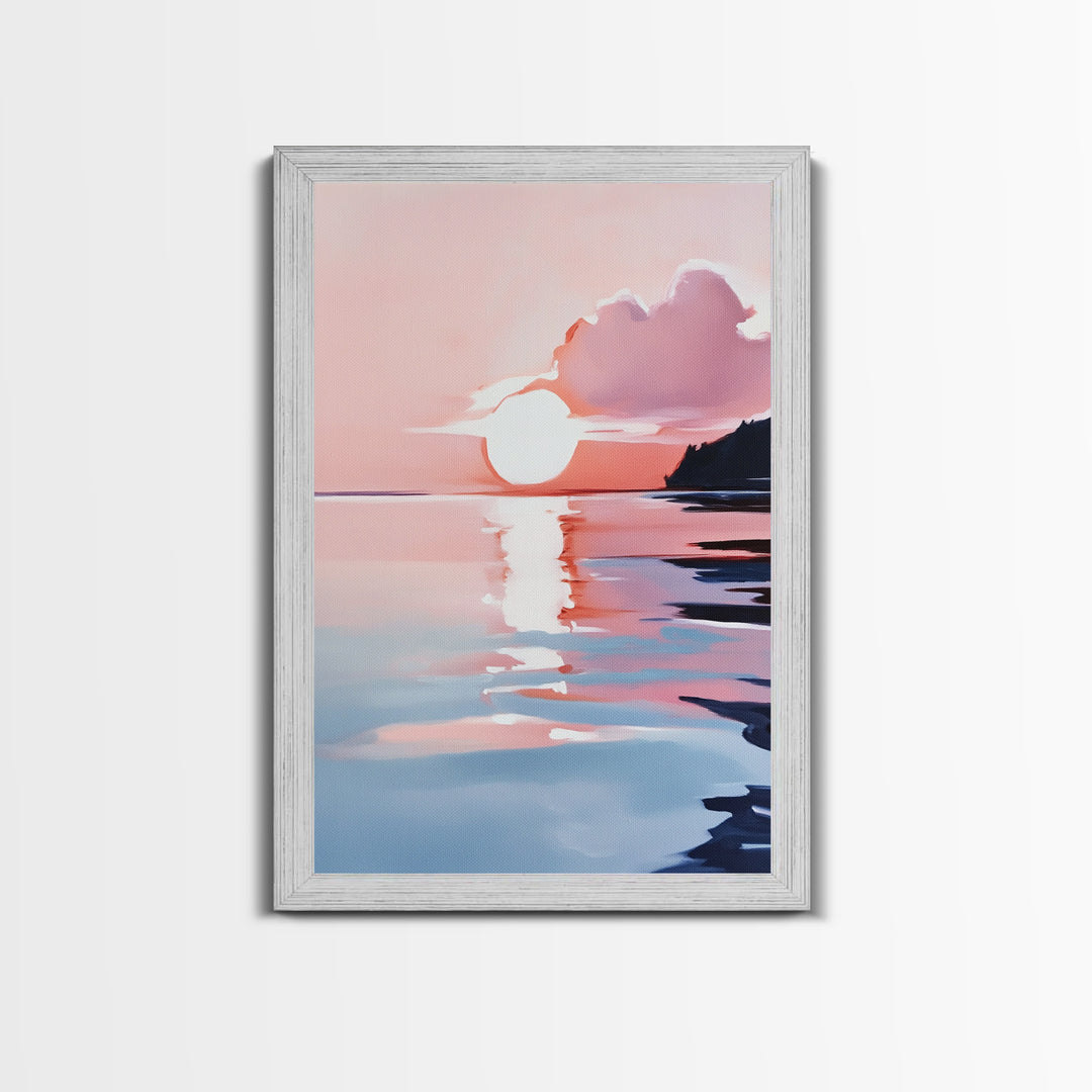 Ocean Sunset, Abstract Seascape Art, Framed Canvas Print, Beach House Wall Art, Modern Coastal Decor, Pink Sky Painting, Bedroom Artwork