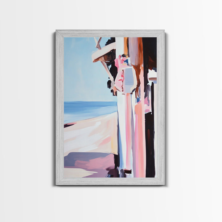 Beachside Figure, Coastal Minimalist Art, Abstract Summer Aesthetic, Tranquil Seaside Decor, Canvas Print, Framed Canvas Print