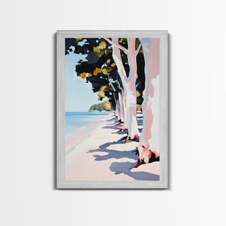 Coastal, Beach Path, Tree Lined, Framed Canvas Print, Ocean View Wall Art, Relaxing Home Decor, Seaside Landscape, Nautical Aesthetic