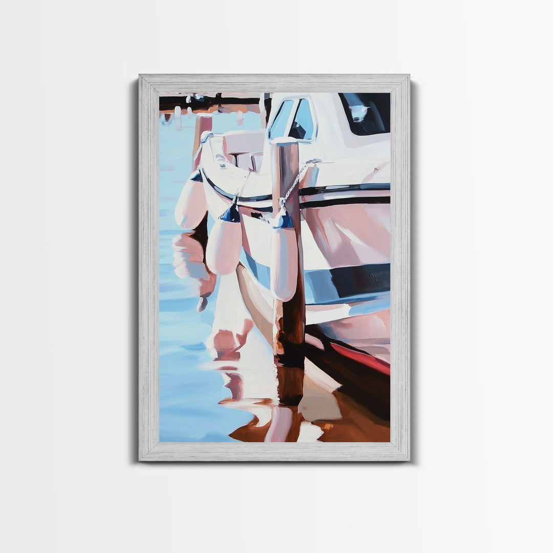 Docked Boat, Nautical Charm, Seaside Painting, Coastal Decor, Summer Vibes, Blue and White Art, Beach House Wall Art, Canvas Print