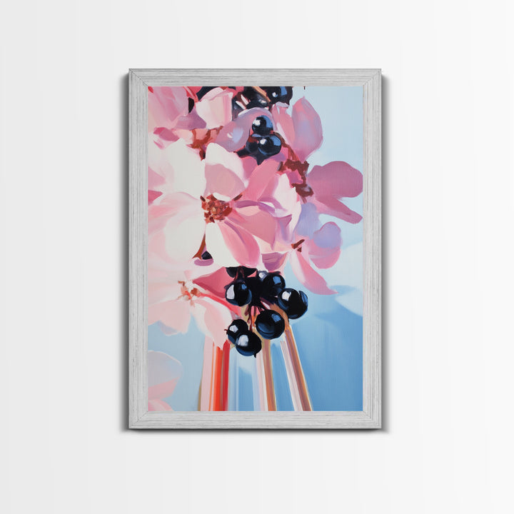 Blooming Flowers, Pink and Blue, Botanical Painting, Soft Aesthetic, Feminine Decor, Floral Home Art, Romantic Wall Art, Canvas Print
