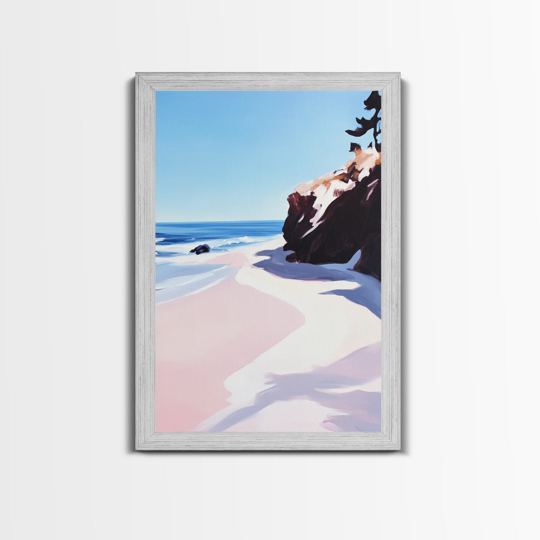 Beach View, Ocean Shore Art, Coastal Landscape Painting, Framed Canvas Print, Living Room Wall Art, Minimalist Seaside Decor