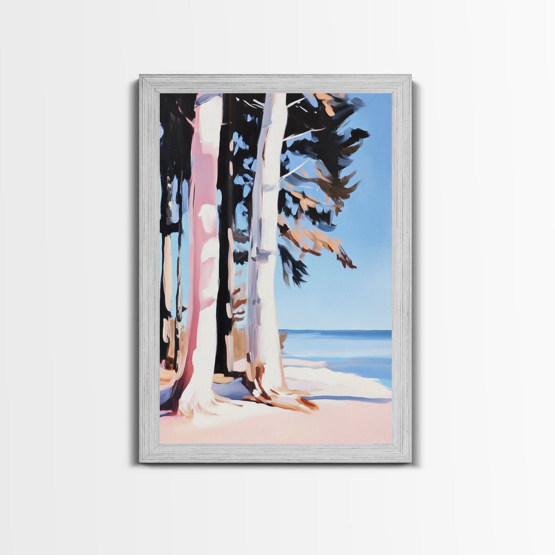 Birch Trees, Lakeside Forest Art, Nature Landscape Print, Framed Canvas Print, Rustic Cabin Decor, Modern Minimalist Wall Art