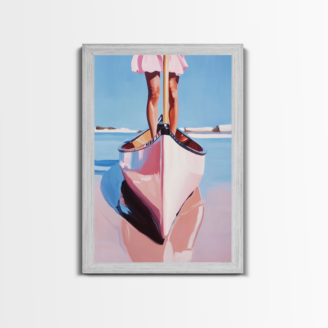 Pink Canoe, Girl, Reflection, Framed Canvas Print, Coastal Wall Art, Nautical Decor, Summer Aesthetic, Beach House Art, Boho Art