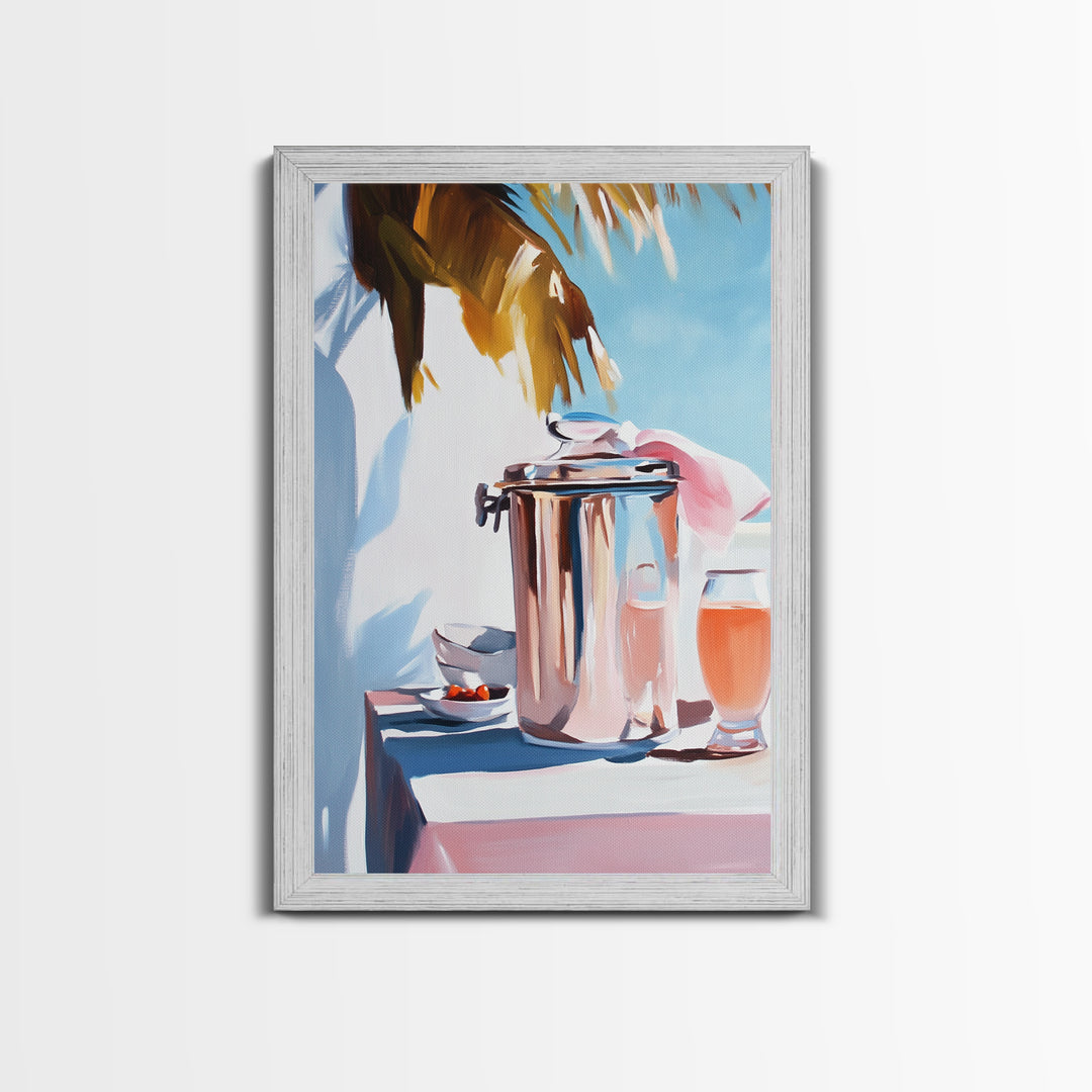 Beach Picnic, Palm Tree, Drinks, Framed Canvas Print, Summer Wall Art, Tropical Aesthetic, Kitchen Art, Coastal Home Decor, Boho Art