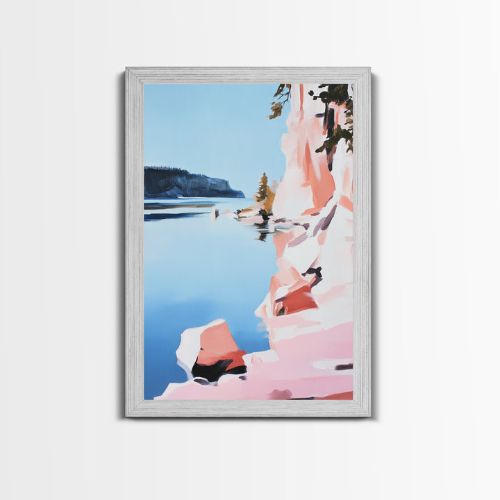 Cliffs, Water, Trees, Reflection, Framed Canvas Print, Nature Wall Art, Mountain Aesthetic, Lakehouse Decor, Minimalist Landscape