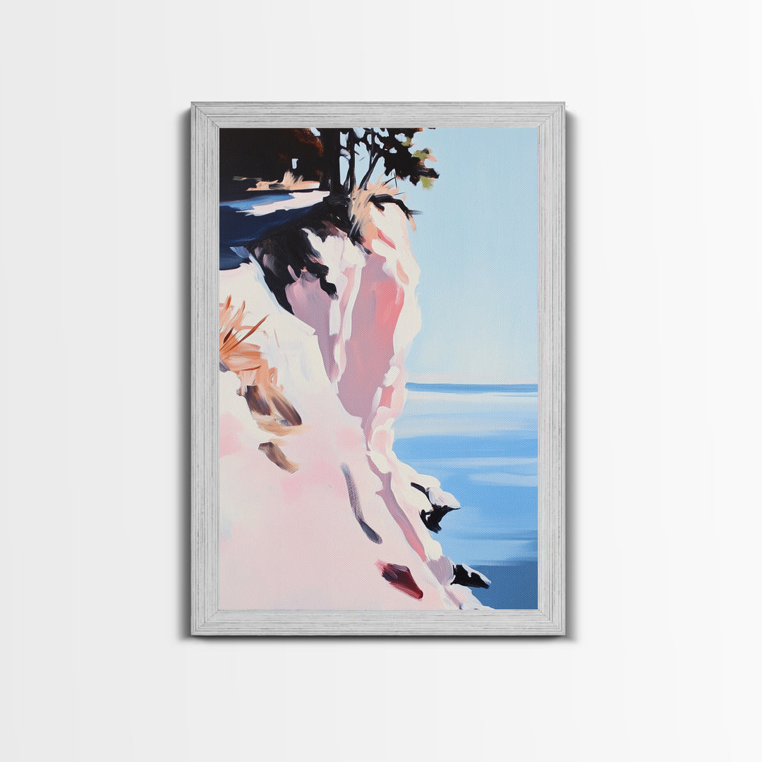 Cliffs and Water, Nature Wall Art, Minimalist Landscape, Coastal Home Decor, Blue and Pink Art, Framed Canvas Print, Office Wall Decor