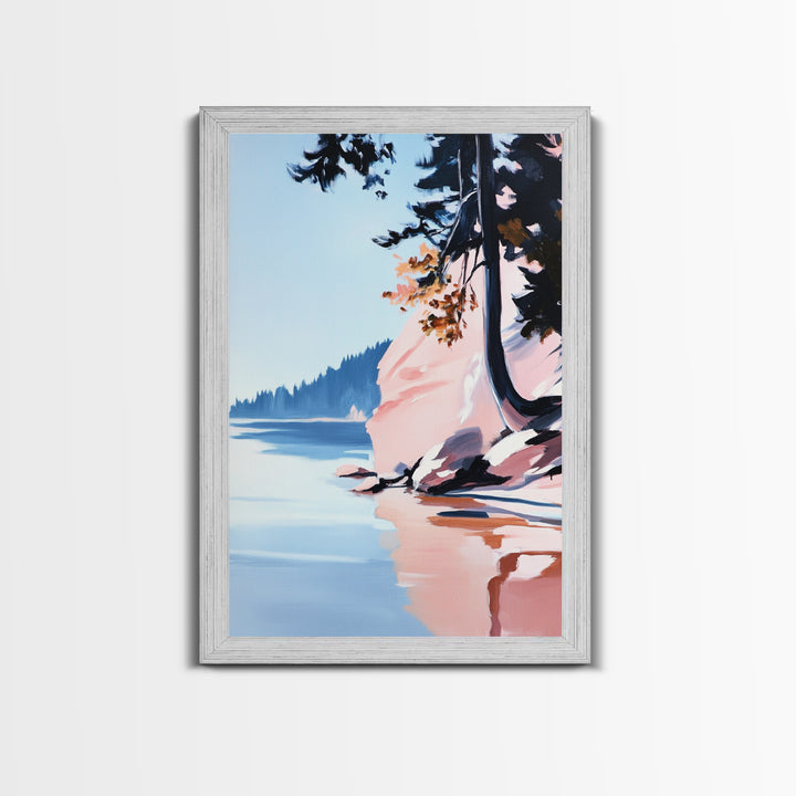 Lakeview Landscape Art, Serene Nature Print, Modern Forest Painting, Tranquil Coastal Scene, Framed Canvas Print, Living Room Wall Art