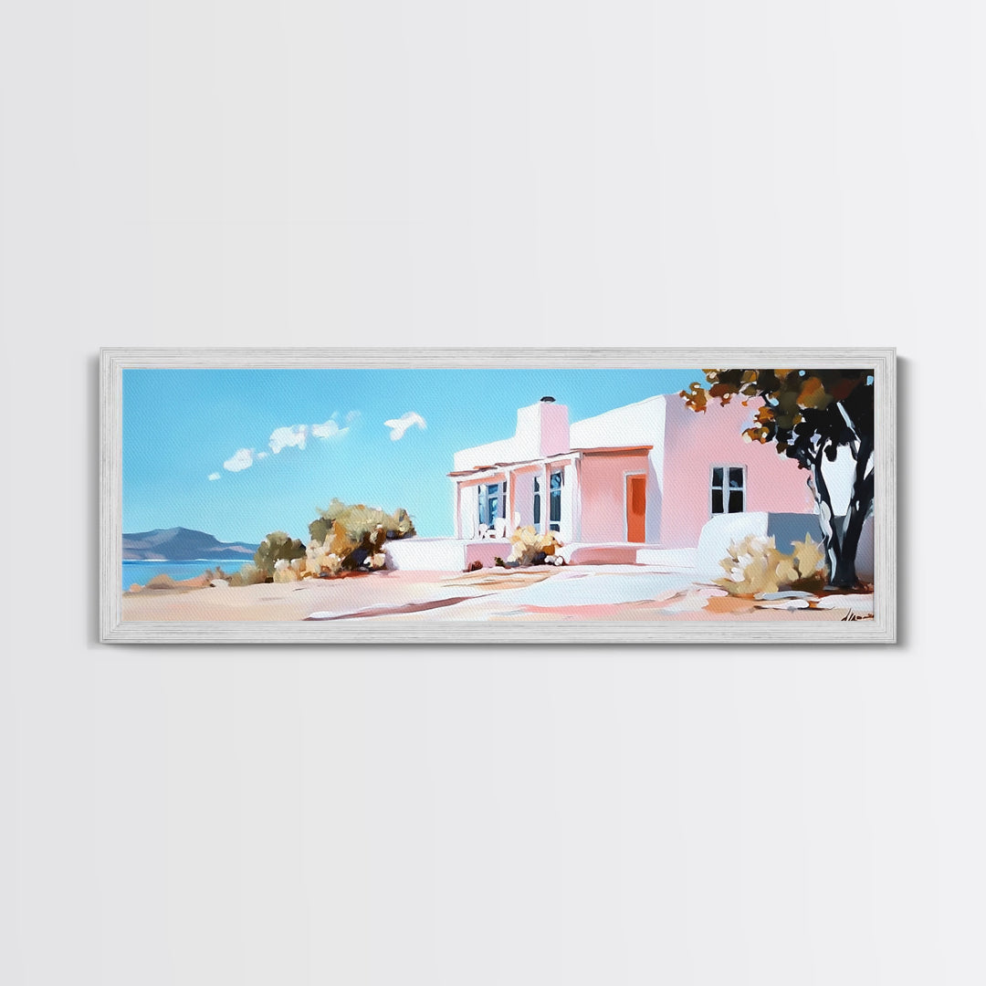 Coastal House, Summer Art, Beach Landscape, Framed Canvas Print, Mediterranean Wall Art, Minimalist Painting, Living Room Decoran Waves