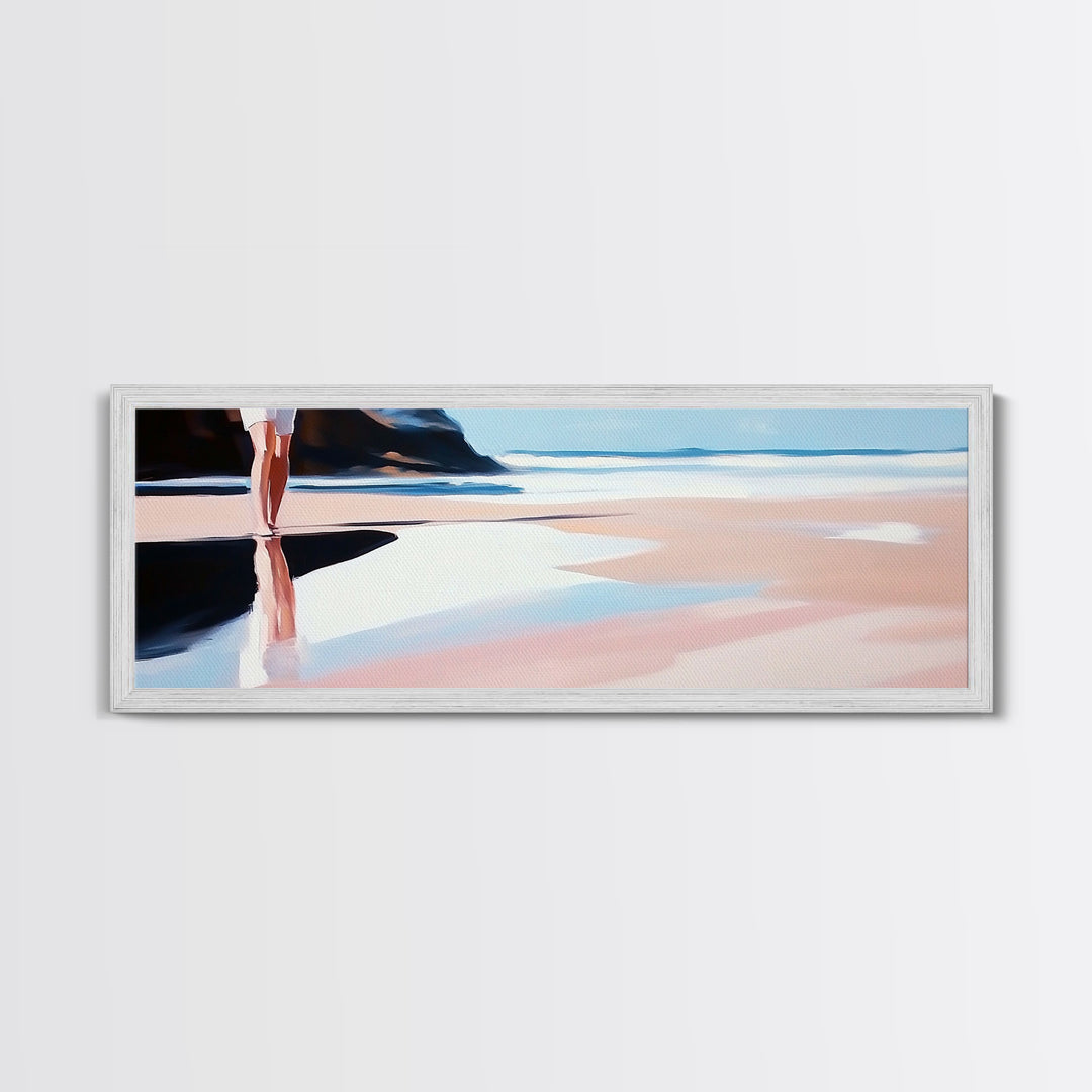 Coastal Stroll, Soft Pastel Beach, Minimalist Ocean Art, Canvas Print, Tranquil Shoreline, Boho Beach House Decor, Bedroom Wall Art