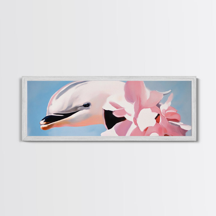 Dolphin, Pink Flowers, Canvas Print, Ocean Art, Whimsical Artwork, Coastal Wall Art, Sea Life Decor, Modern Aesthetic, Nature Lover Gift