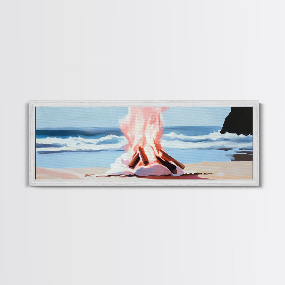 Beach Bonfire, Ocean Fire, Coastal Campfire, Framed Canvas Print, Seaside Night Art, Relaxing Summer Scene, Nautical Wall Decor