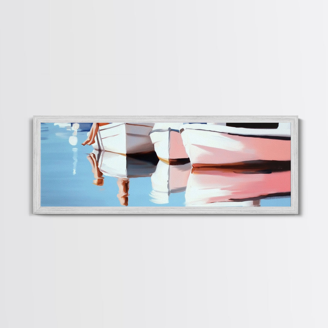 Boats, Reflection, Soft Pastel Aesthetic, Canvas Print, Nautical Wall Art, Minimalist Home Decor, Living Room Accent, Calm Coastal Scene
