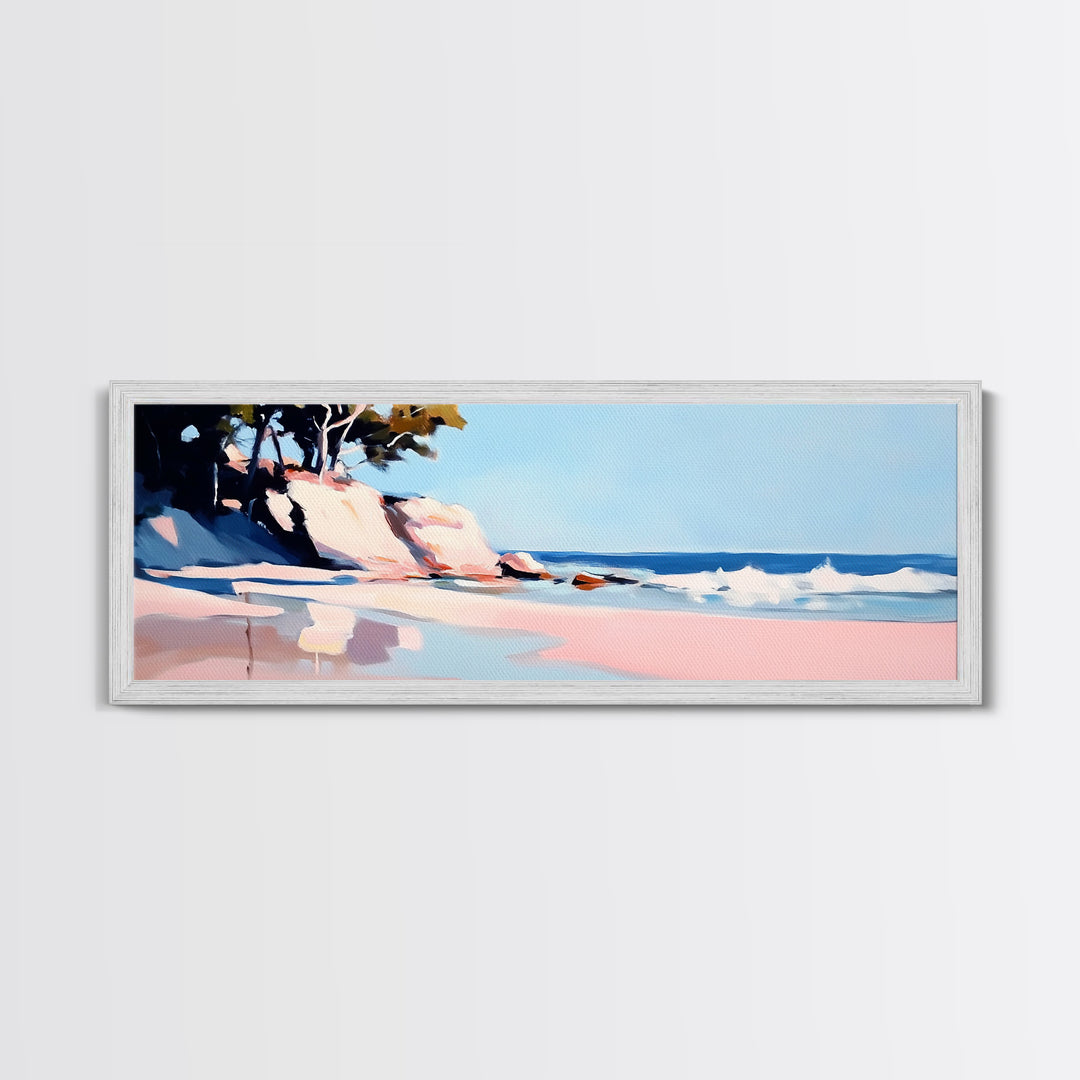Cliffs, Waves, Pink Sand, Framed Canvas Print, Seascape Wall Art, Coastal Home Decor, Ocean Scene, Pastel Aesthetic, Relaxing Landscape