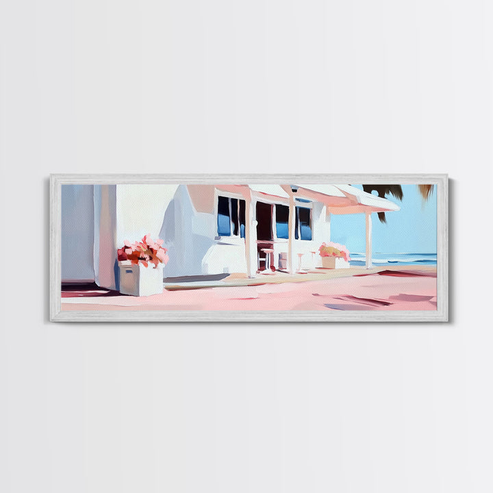 Coastal Café, Beachfront House, Ocean Breeze, Minimalist Canvas Print, Living Room Wall Art, Nautical Home Decor, Modern Coastal Art