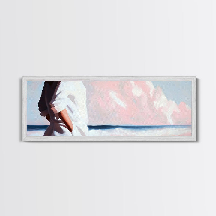 Beach Walk, Ocean Breeze, Pastel Sky, Dreamy Coastal Art, Soft Feminine Aesthetic, Framed Canvas Print, Bedroom Wall Art, Minimalist Decor