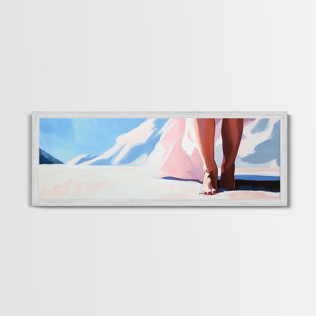 Barefoot Walk, Snowy Path, Winter Serenity, Canvas Print, Soft Pastel Art, Minimalist Aesthetic, Cozy Wall Art, Feminine Decor