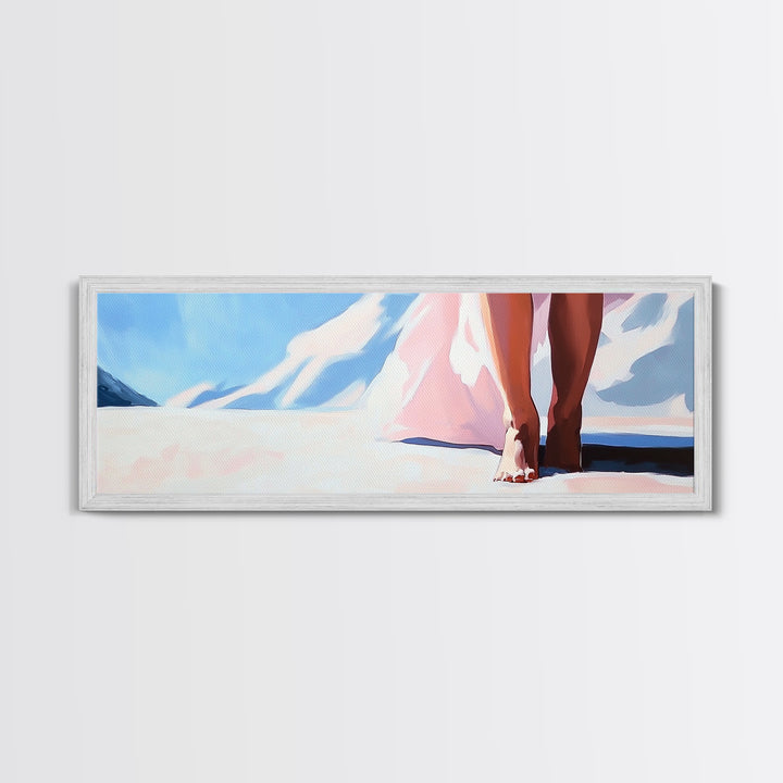 Barefoot Walk, Snowy Path, Winter Serenity, Canvas Print, Soft Pastel Art, Minimalist Aesthetic, Cozy Wall Art, Feminine Decor