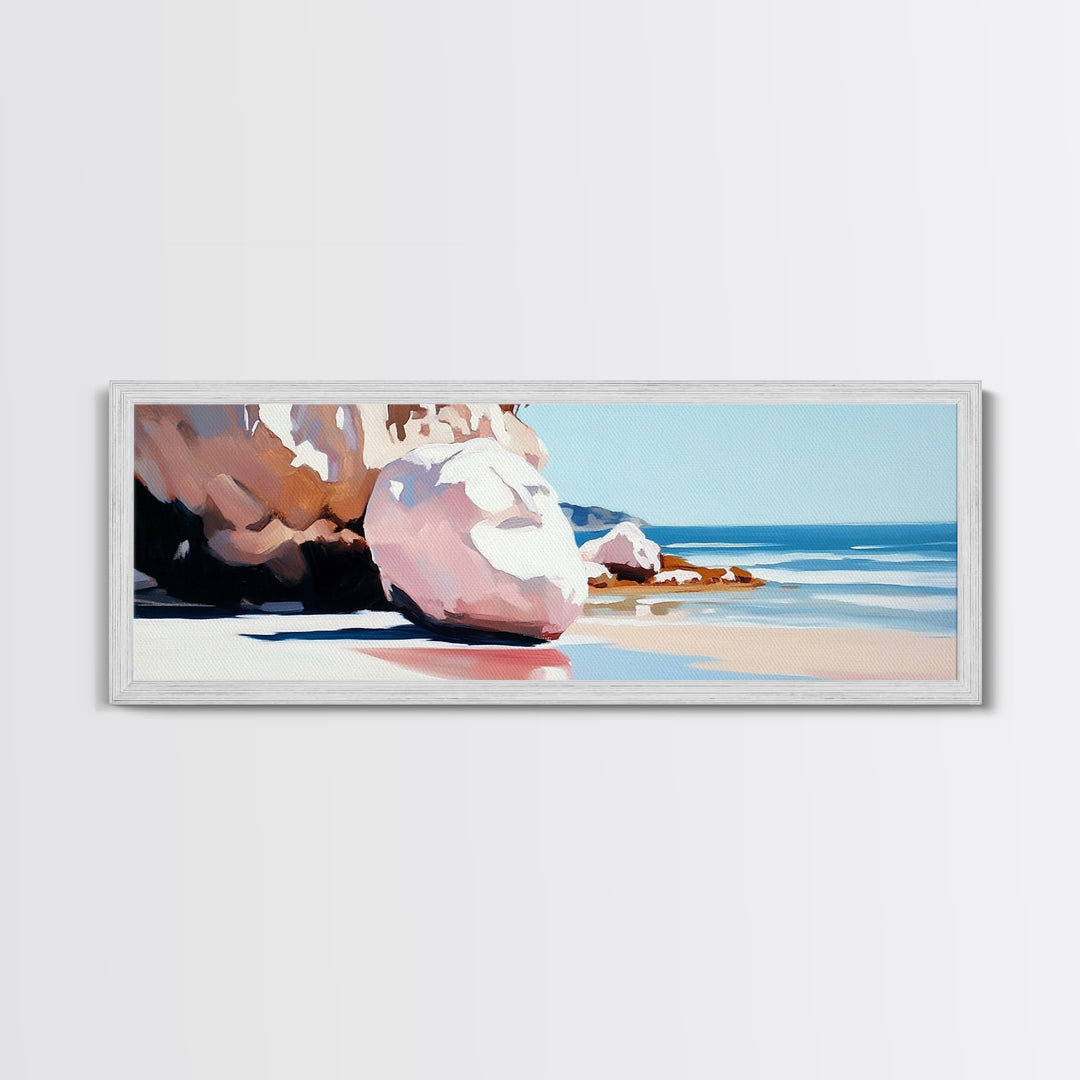 Beach Boulders, Coastal Landscape, Tranquil Escape, Framed Canvas Print, Ocean Wall Art, Boho Decor, Relaxing Seaside Painting