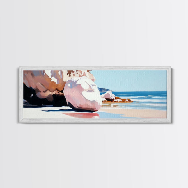 Beach Boulders, Coastal Landscape, Tranquil Escape, Framed Canvas Print, Ocean Wall Art, Boho Decor, Relaxing Seaside Painting