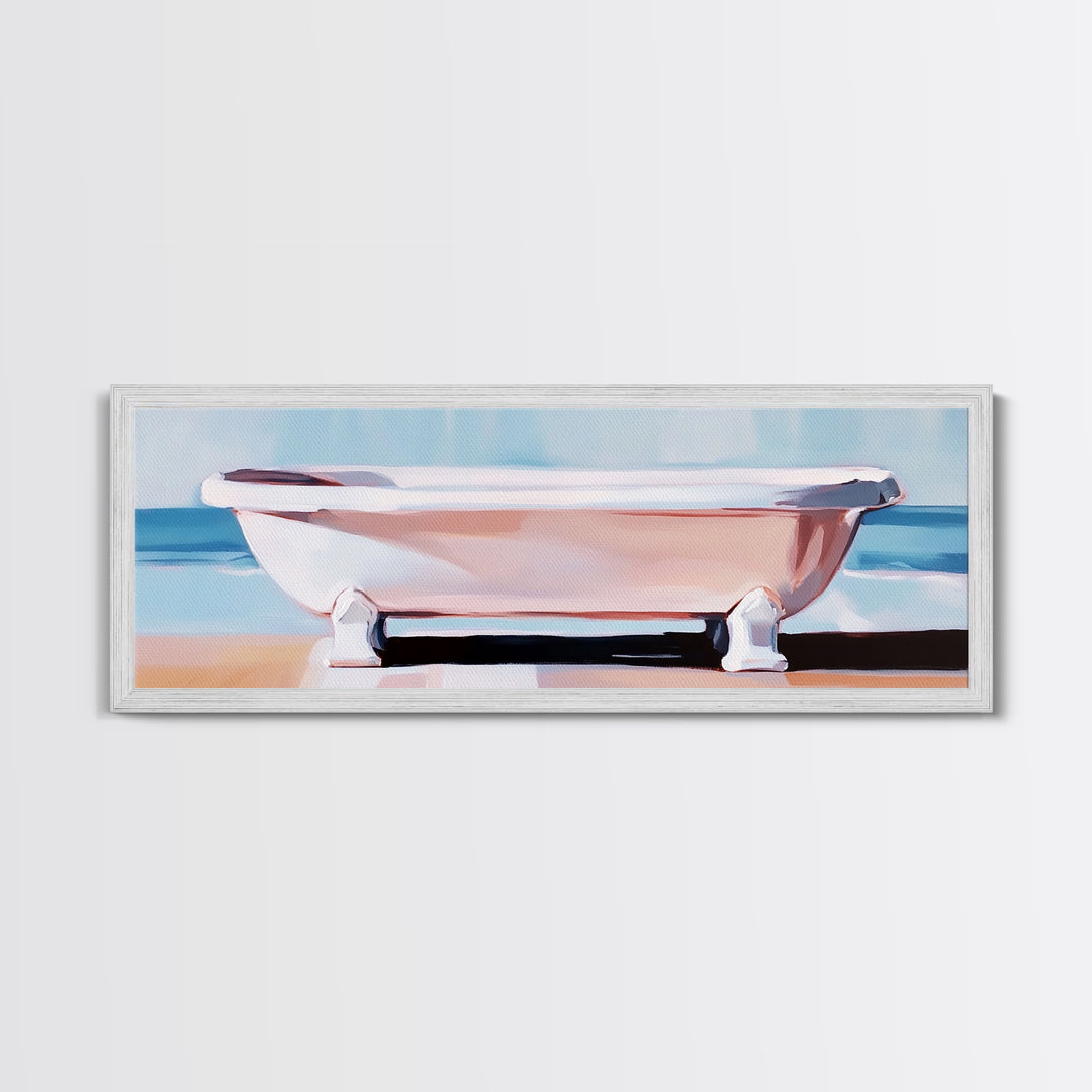 Clawfoot Tub, Coastal Art, Bathroom Wall Art, Modern Decor, Minimalist Painting, Ocean Art, Beach House, Framed Canvas Print