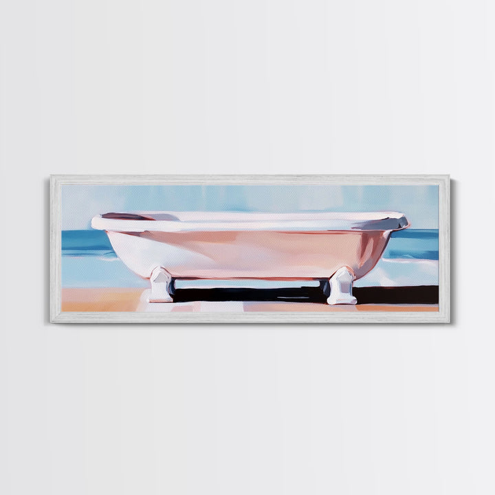 Clawfoot Tub, Coastal Art, Bathroom Wall Art, Modern Decor, Minimalist Painting, Ocean Art, Beach House, Framed Canvas Print